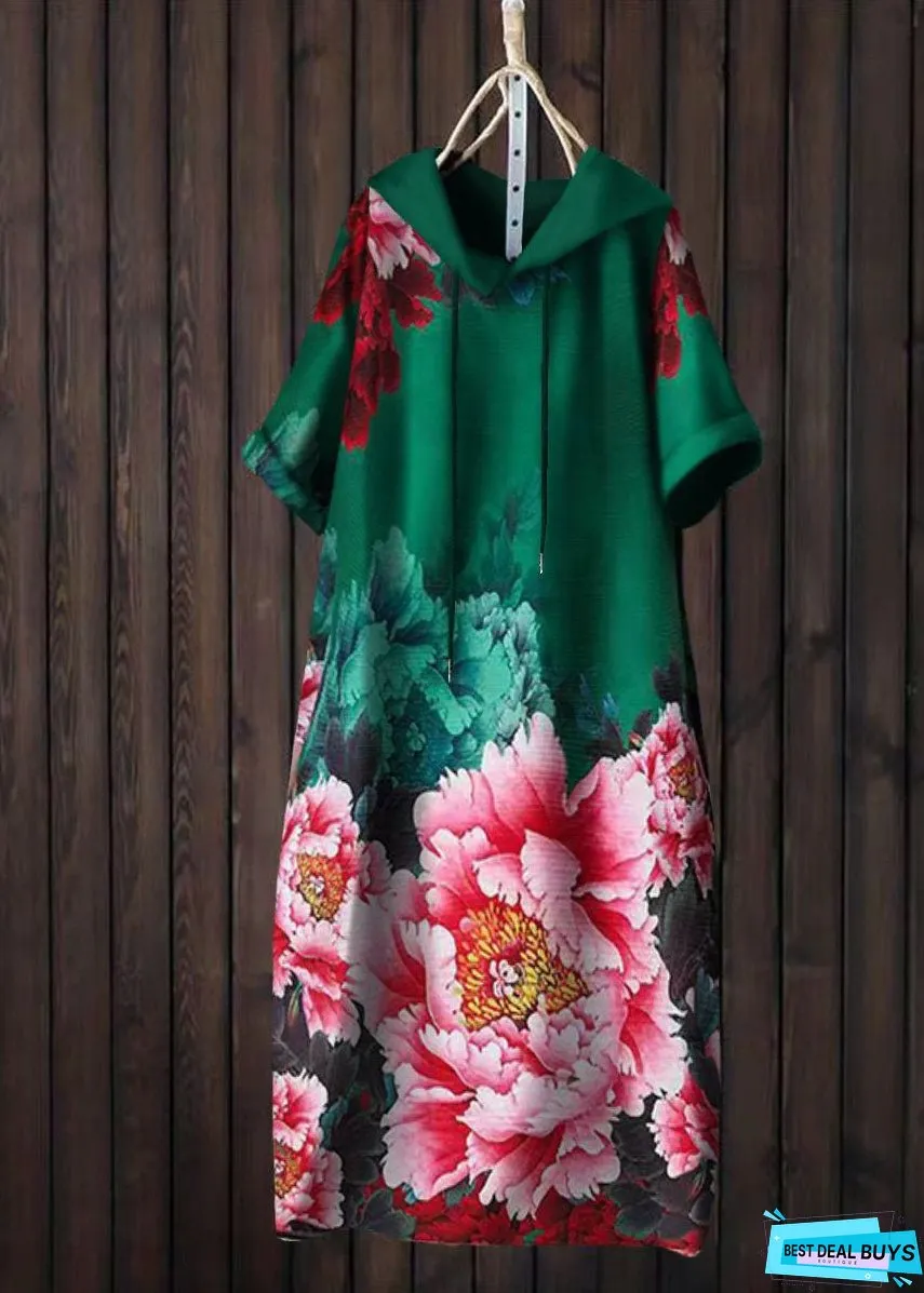 Women Yellow Hooded Print Patchwork Cotton T Shirt Dress Summer