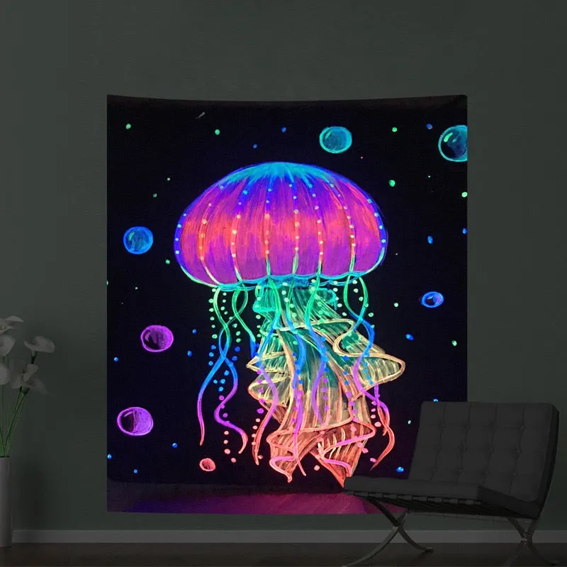 Fluorescent Tapestry Luminous Hanging Cloth Aesthetic Room Decor Home Psychedelic Background Wall Glows Under Ultraviolet Light