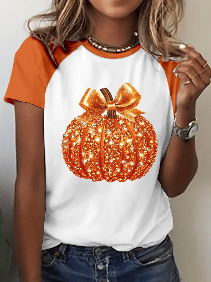 Women's Autumn Sequin Pumpkin Print Casual T-Shirt 