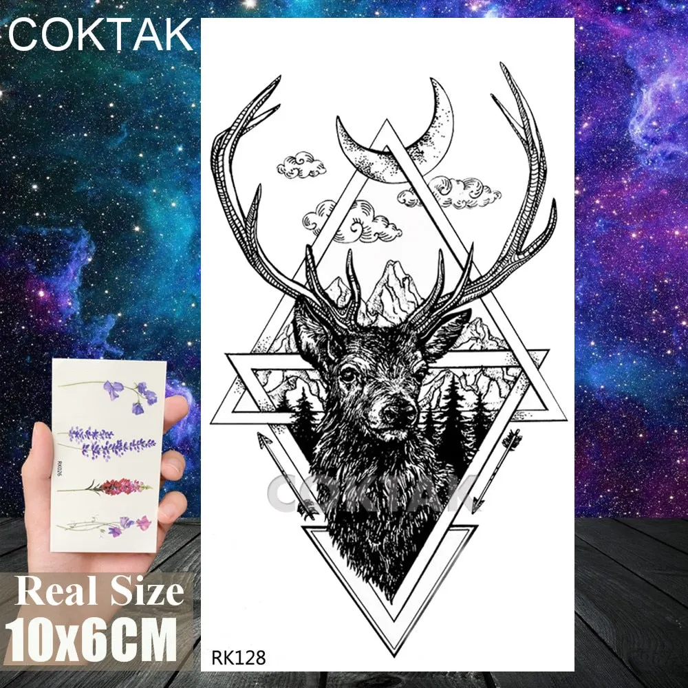 Geometry Pine Tree Temporary Tattoos Sticker Black Mountain Moon Water Transfer Tattoo For Men Body Art Washable Beauty Tatoos