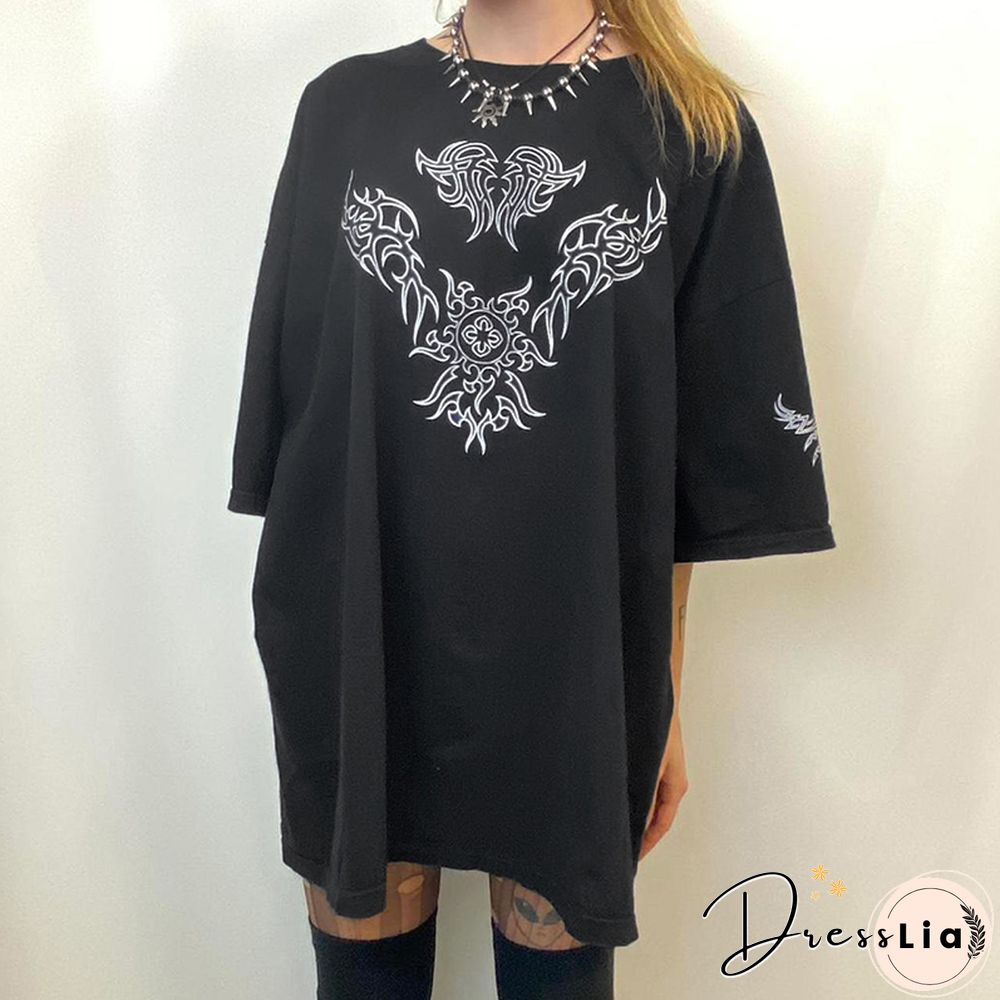 Fashion Oversized Black Long T-Shirts Women Goth Print Aesthetic Grunge Graphic Tees Short Sleeve Tops Summer Clothing