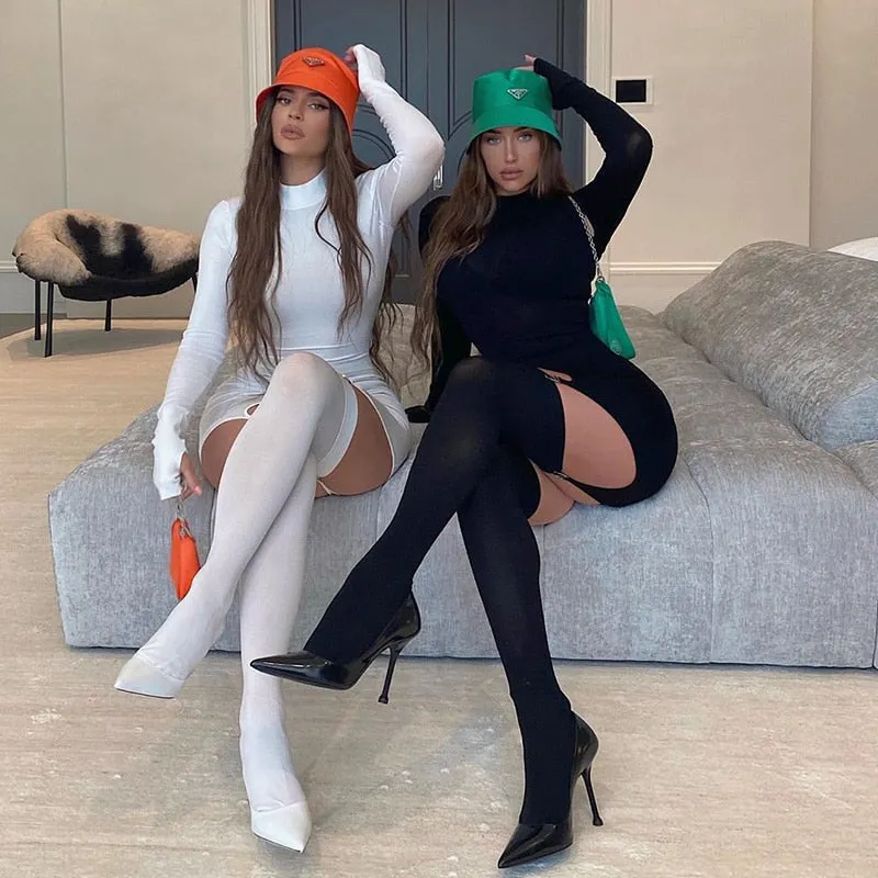 Two Piece Sets Women 2021 Autumn Solid Color Long Sleeve Bodycon Mini Dress with Garter Stockings Club Sexy Dress Sets Female