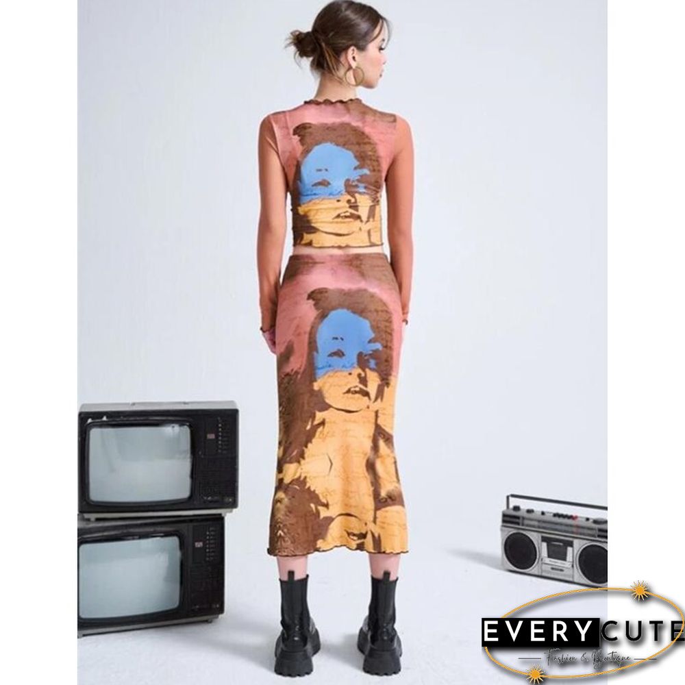 Y2k Women Portrait Print Bodycon Midi Skirt Elegant Office Lady High Waist Ruffles Trim Pencil Skirts Goth Streetwear