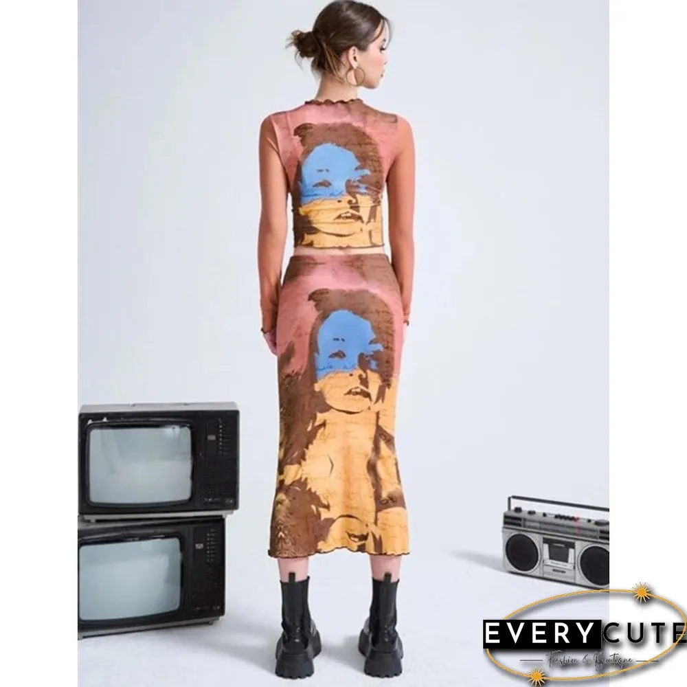 Y2k Women Portrait Print Bodycon Midi Skirt Elegant Office Lady High Waist Ruffles Trim Pencil Skirts Goth Streetwear