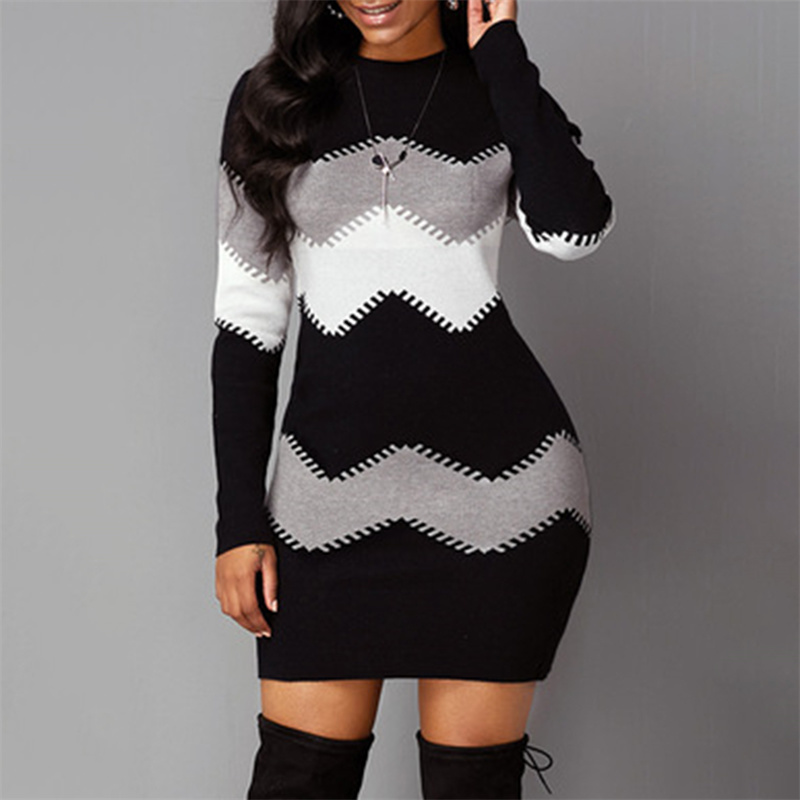 Fashion Knitted Multi-Color Striped Casual Sweater Dress