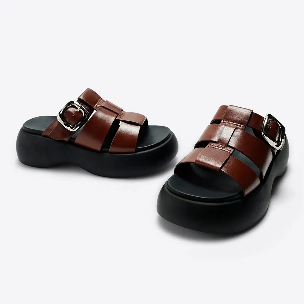 Brown Faux Leather Round Toe Platform Mules Sandals with Buckle 