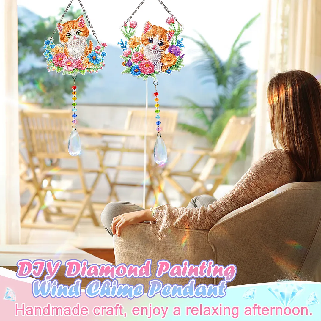 2Pcs Flower Kitten DIY Acrylic Diamond Painting Art Wind Chimes with Crystal Pendant Diamond Art Hanging Pendant Double-Sided for Adults Beginners Gift Home Garden Decor