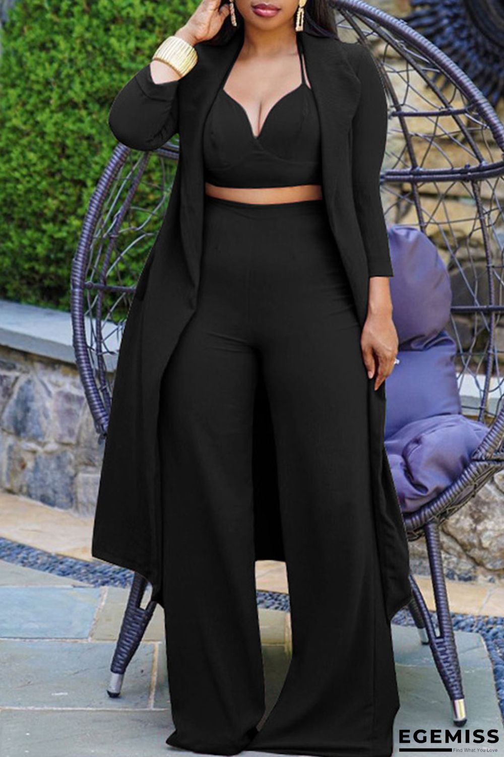 Black Casual Solid Patchwork Turn-back Collar Nine Points Sleeve Two Pieces | EGEMISS