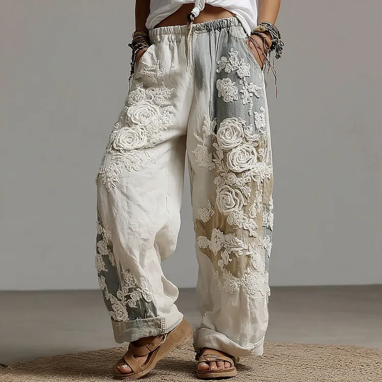 Women's Vintage Rose Floral Art Casual Wide Leg Pants