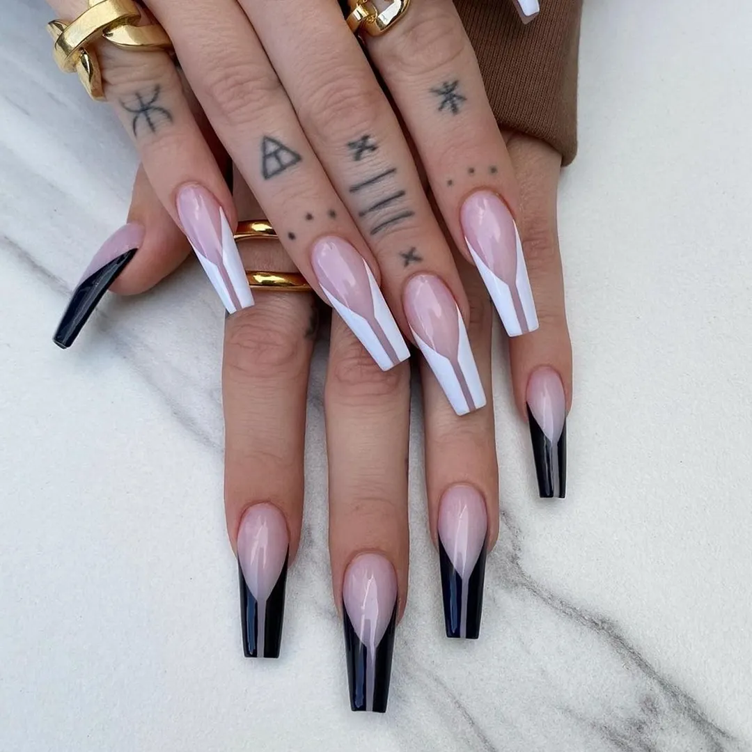 24pcs Extra Long Matte Fake Nails Ballerina Coffin Dark Blue Colorful Rhinestone Decals False Nails with designs Nail Art-Nail Inspo