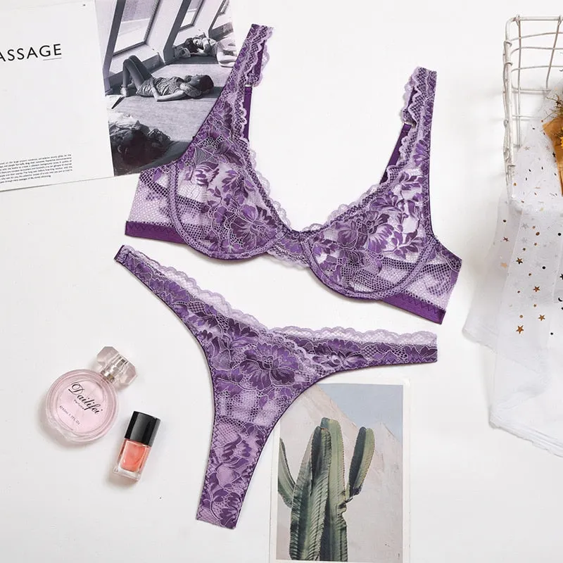 Yimunancy 2-Piece Lace Bra Set Women Bra Underwire + Panty 2021 Summer Lingerie Set  Ladies Sexy Underwear Set