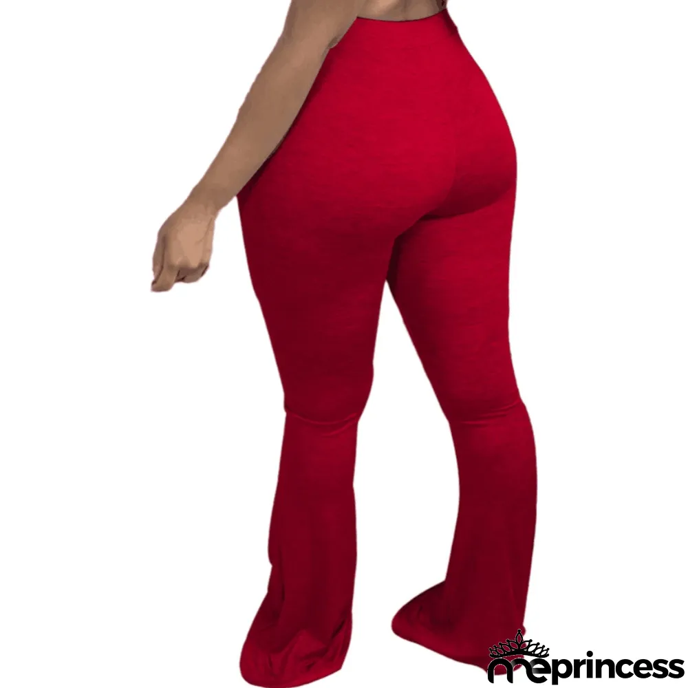 Solid Color High Waist Ripped Flare Pants