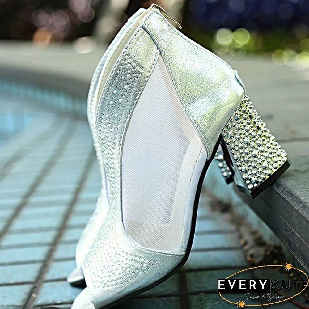 Women Sandals Bling High Heels Diamond Zipper Square Heel Women Shoes Wedding Shoes