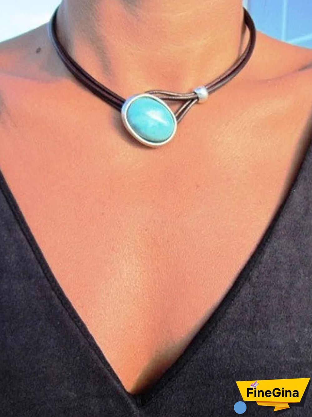 Vintage Leather Cord Turquoise Necklace