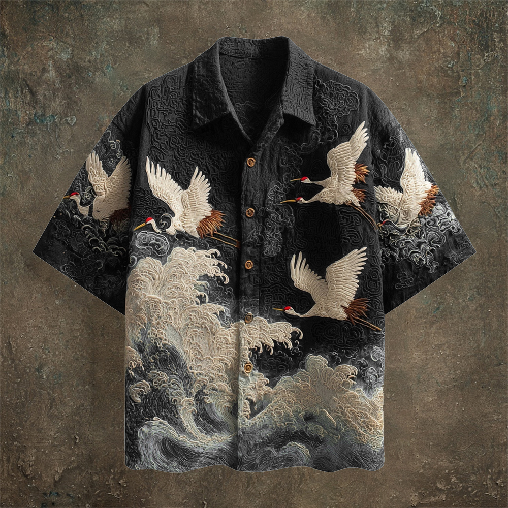 Japanese Wave & Crane Men's Casual Linen Short Sleeve Shirt  artssus