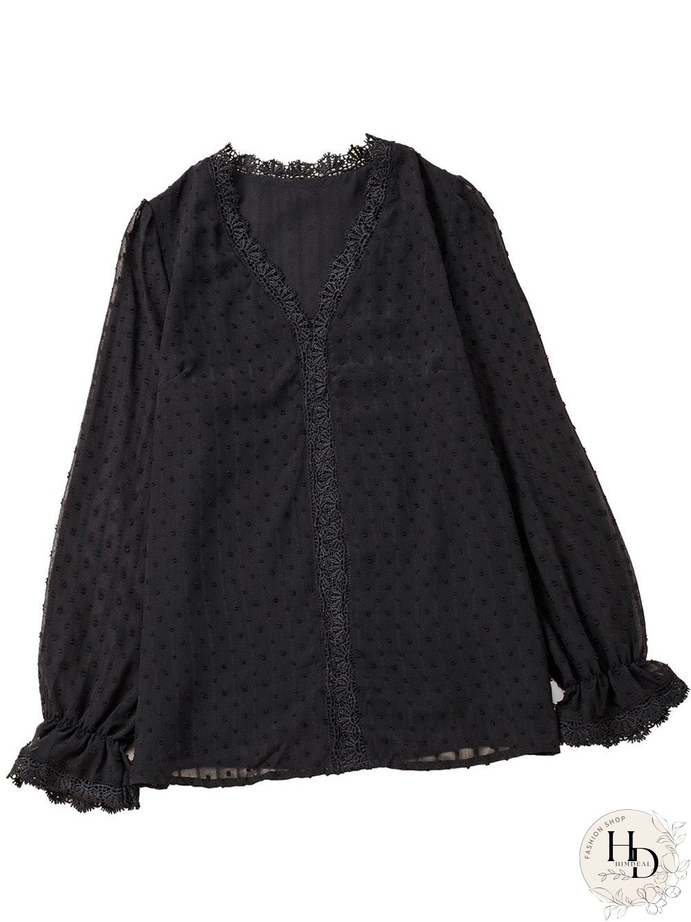 Elegant Swiss Dot Lace Detailed V-Neck Blouse
