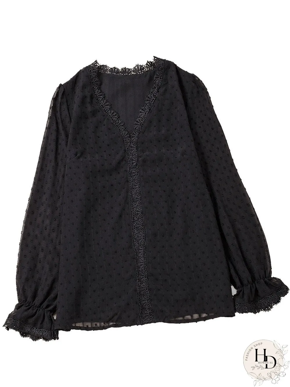 Elegant Swiss Dot Lace Detailed V-Neck Blouse