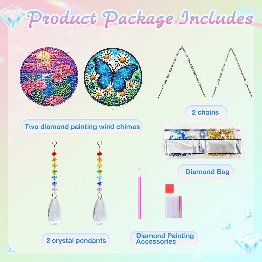 2Pcs Sunset Butterfly DIY Acrylic Diamond Painting Art Wind Chimes with Crystal Pendant Diamond Art Hanging Pendant Double-Sided for Adults Beginners Gift Home Garden Decor
