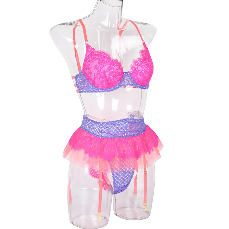 Billionm Sexy Lingerie Women Intimates Lace Underwear Set Push Up Bra Fish Net Nightwear Mesh Sheer See Through Sets Patchwork Color