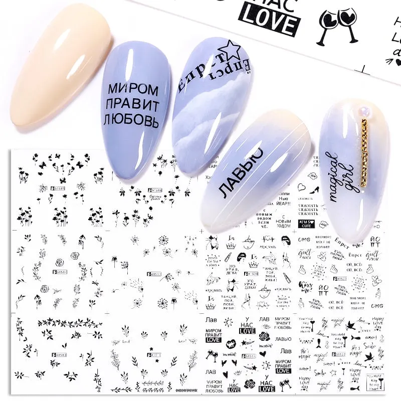 12Styles Harunouta Spring Summer Alphabet Flower Leaves Nail Water Decals Popular Geometric Lines Transfer Stickers Decoration