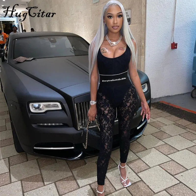 Hugcitar 2021 High Waist See-Through Zip Up Bodycon Sleeveless Pencil Jumpsuit Summer Women Fashion Streetwear Casual Club Y2K