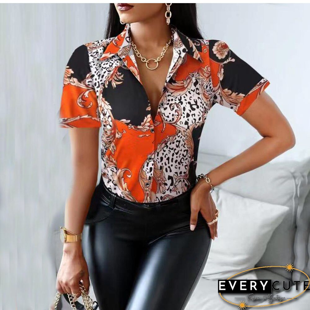 Summer Women Black Floral Print Top Shirt Fashion Casual Short Sleeve Turn-down Collar Tops Shirts New Elegant Slim Button Shirt
