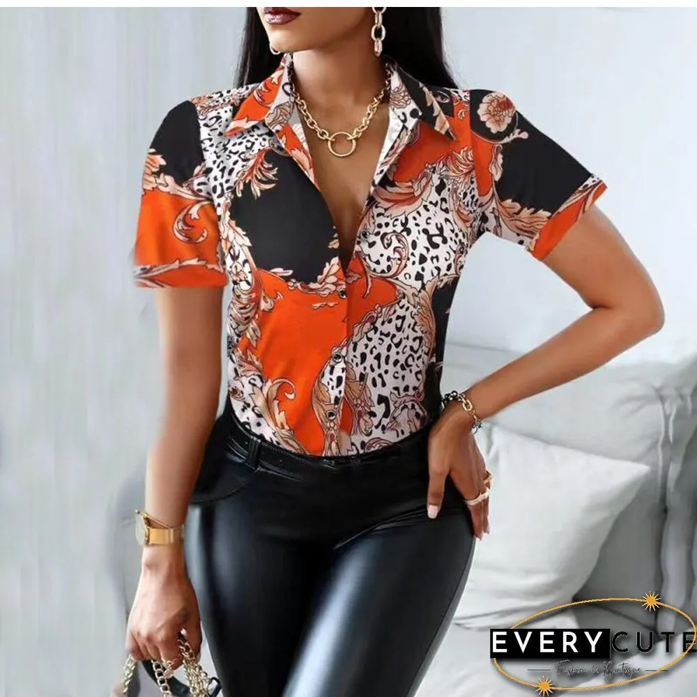 Summer Women Black Floral Print Top Shirt Fashion Casual Short Sleeve Turn-down Collar Tops Shirts New Elegant Slim Button Shirt
