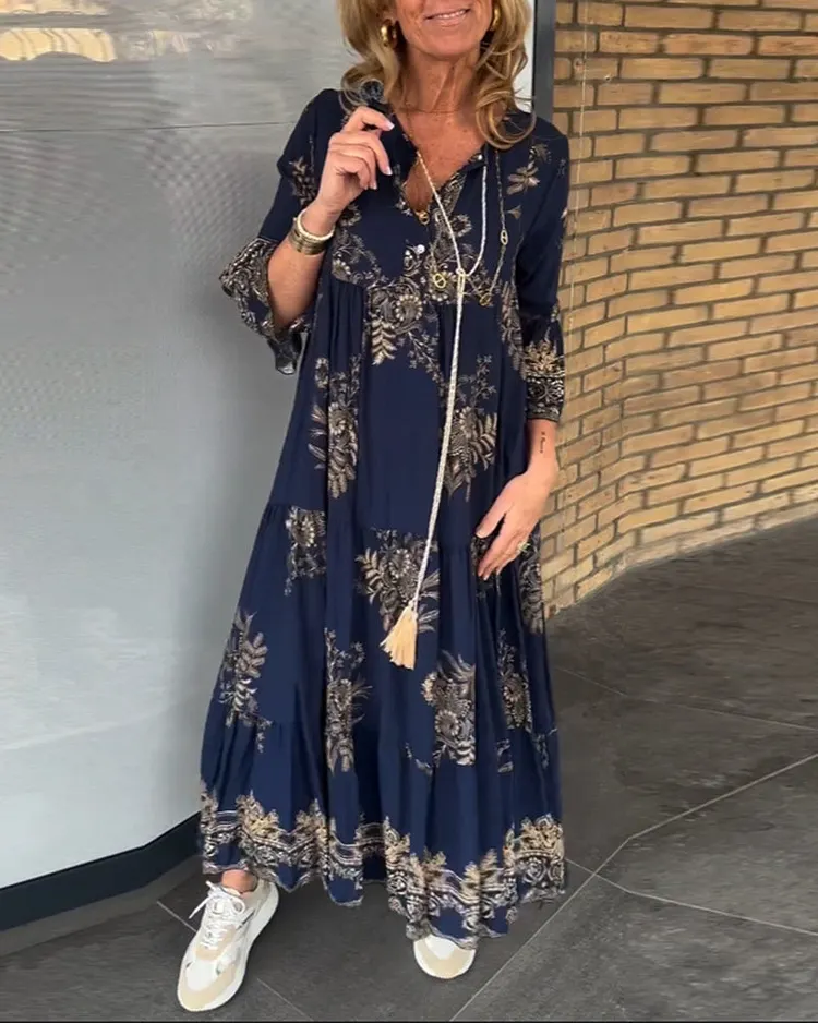 💃Hot sale new product 50% off👗 - Navy blue print loose retro V-neck dress