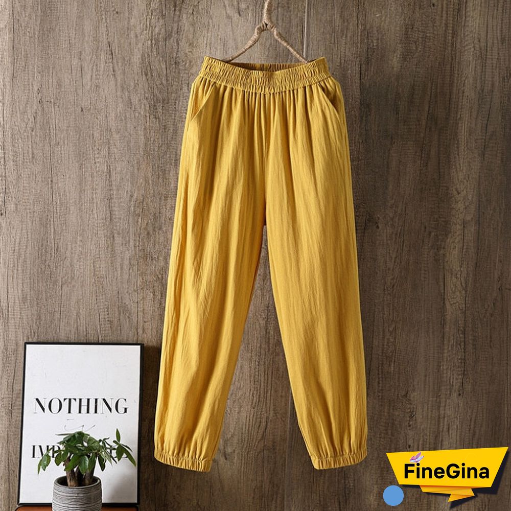 Casual Style Cotton Linen Pants Women Spring Summer New Elastic Waist Solid Basic Retro Loose Women's Harem Pants Trousers