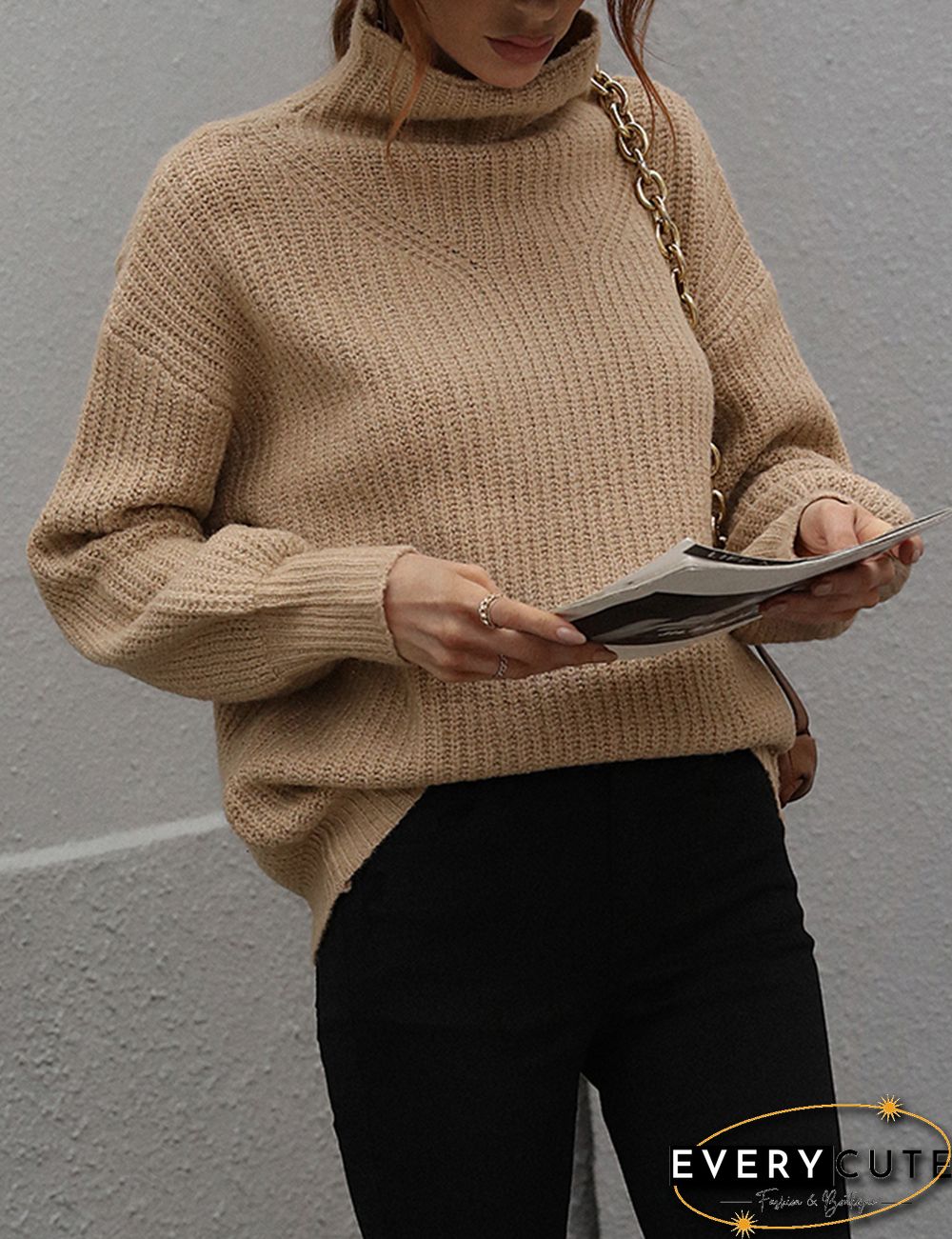 Khaki Solid Loose Style Turtleneck Sweater