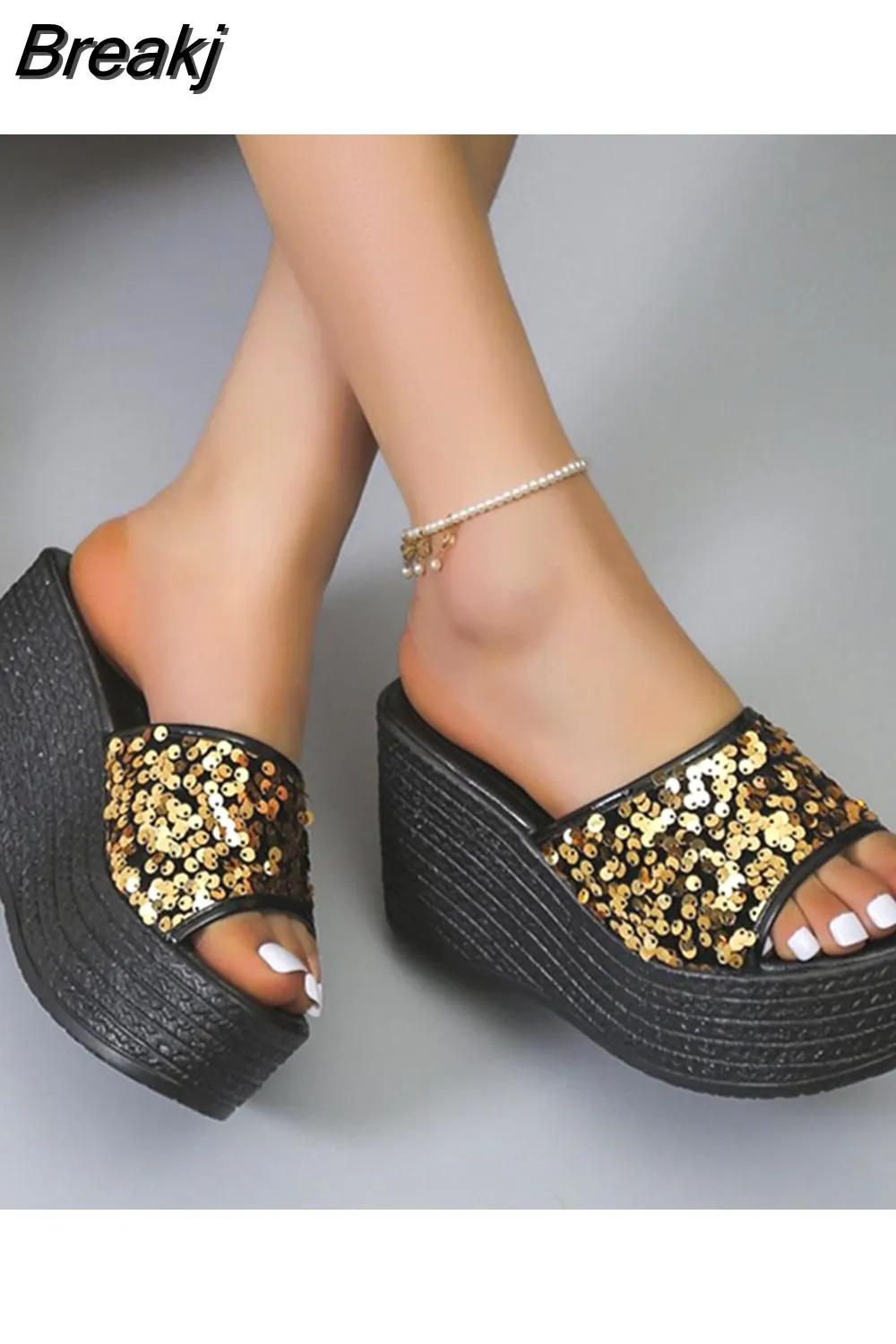 Breakj Wedge High Heeled Women Sandals New Arrived 2023 Bling Sequin Lady Slipper Peep Toe Comfort Walk Causal Sandals Plus Size