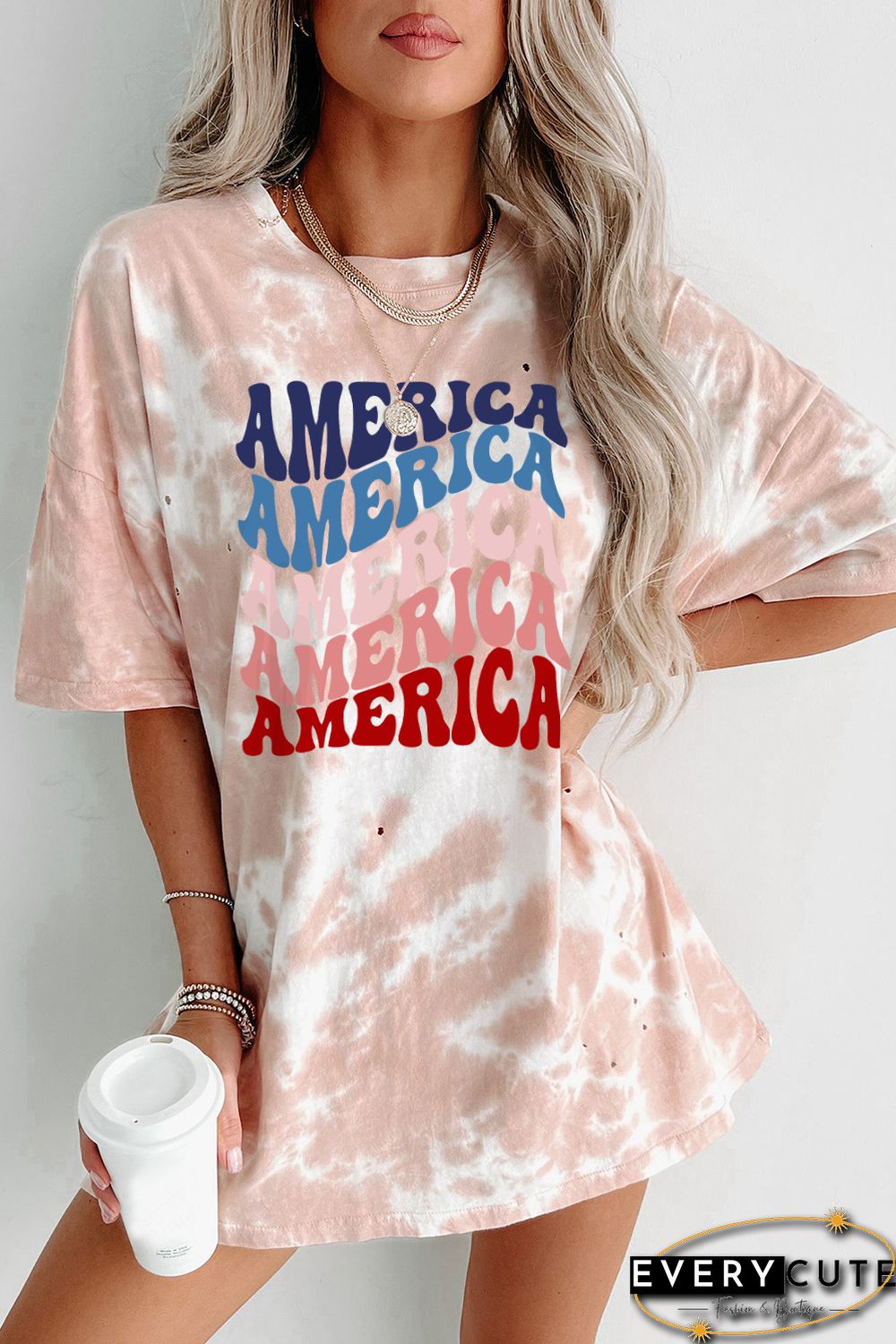 Pink AMERICA Letter Graphic Tie Dye Distressed Boyfriend Tee