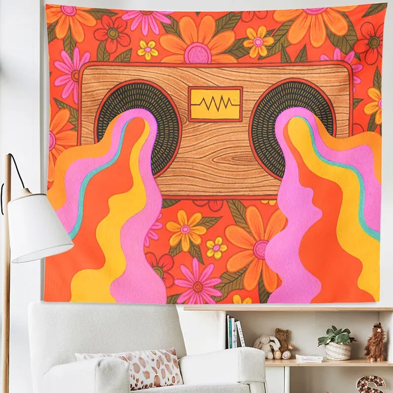 Vintage Rainbow Tapestry Wall Hanging Colorful flowers Retro Trippy Room Decor H Home Living Room Rainbow Boho Wall Art Decor
