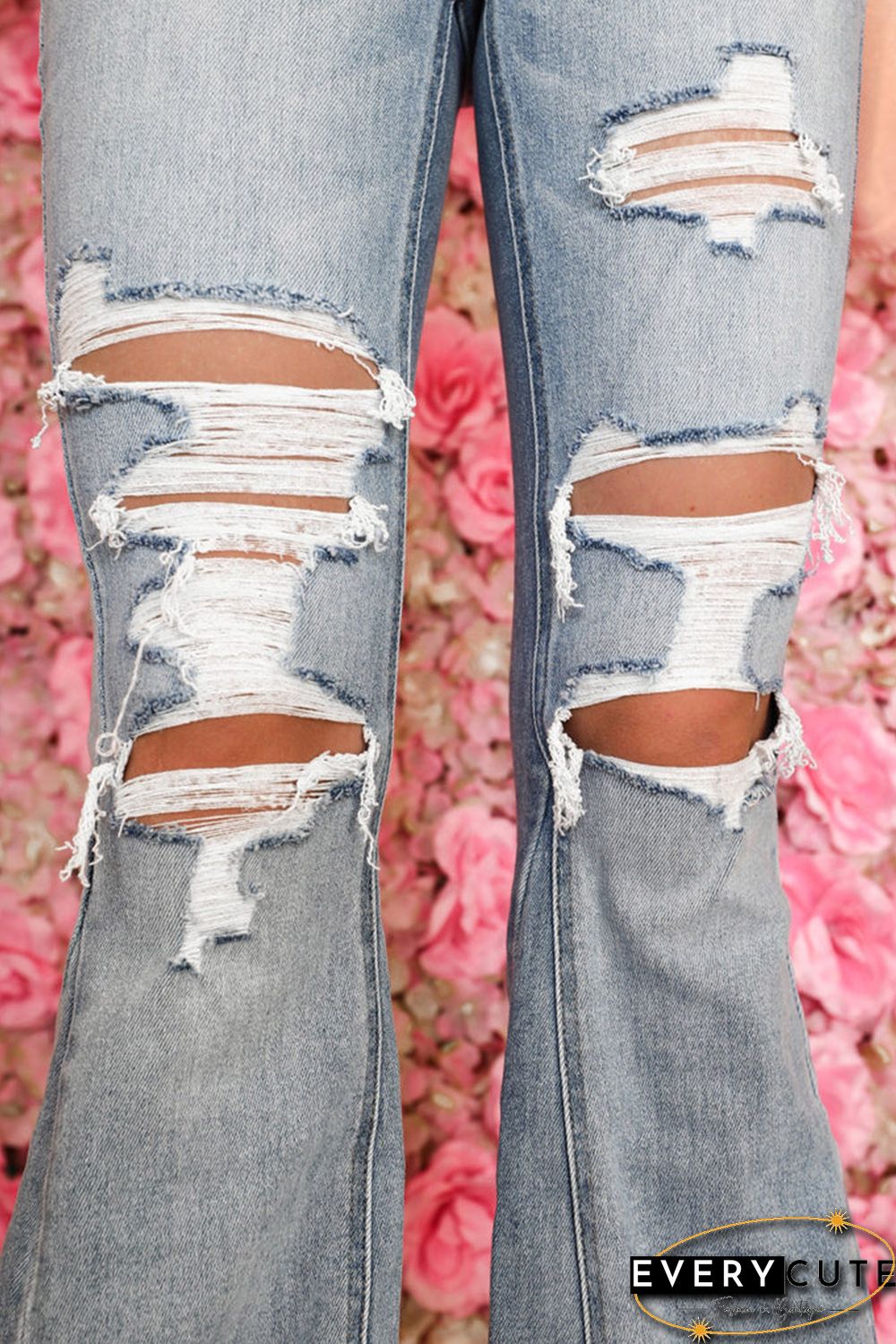 Sky Blue Light Wash Distressed High Rise Flare Jeans