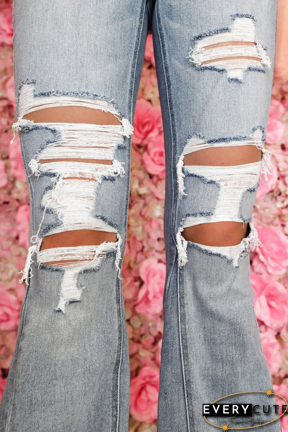 Sky Blue Light Wash Distressed High Rise Flare Jeans