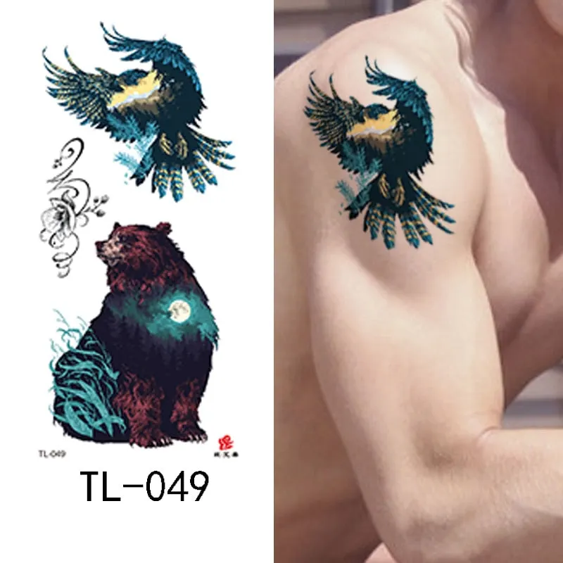 1~8 pieces of animal plants wolf bear bird art tattoo stickers disposable waterproof temporary tattoo stickers for men and women