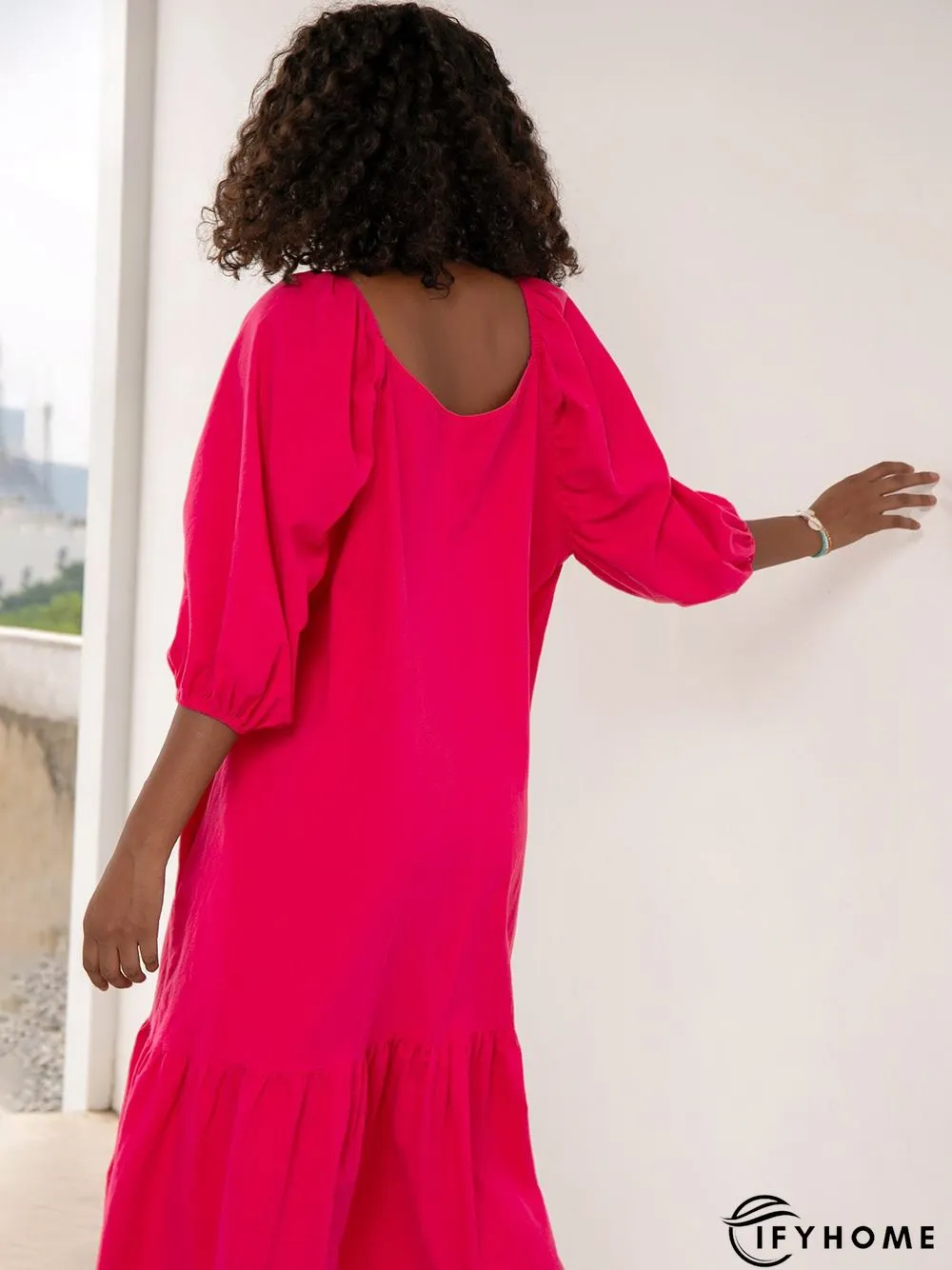 Plain Holiday Balloon Sleeve Cotton-Blend Weaving Dress | IFYHOME