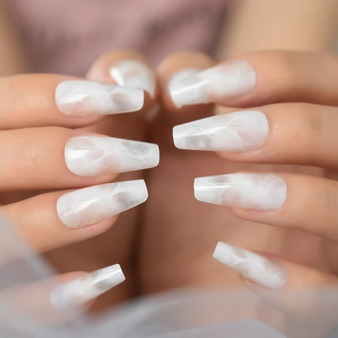 Long Coffin False Press On Nails Pink Black White Abstract Swirl Fake Nails Ballerina Full Cover Gel Glossy Acrylic Nail Tips-Nail Inspo