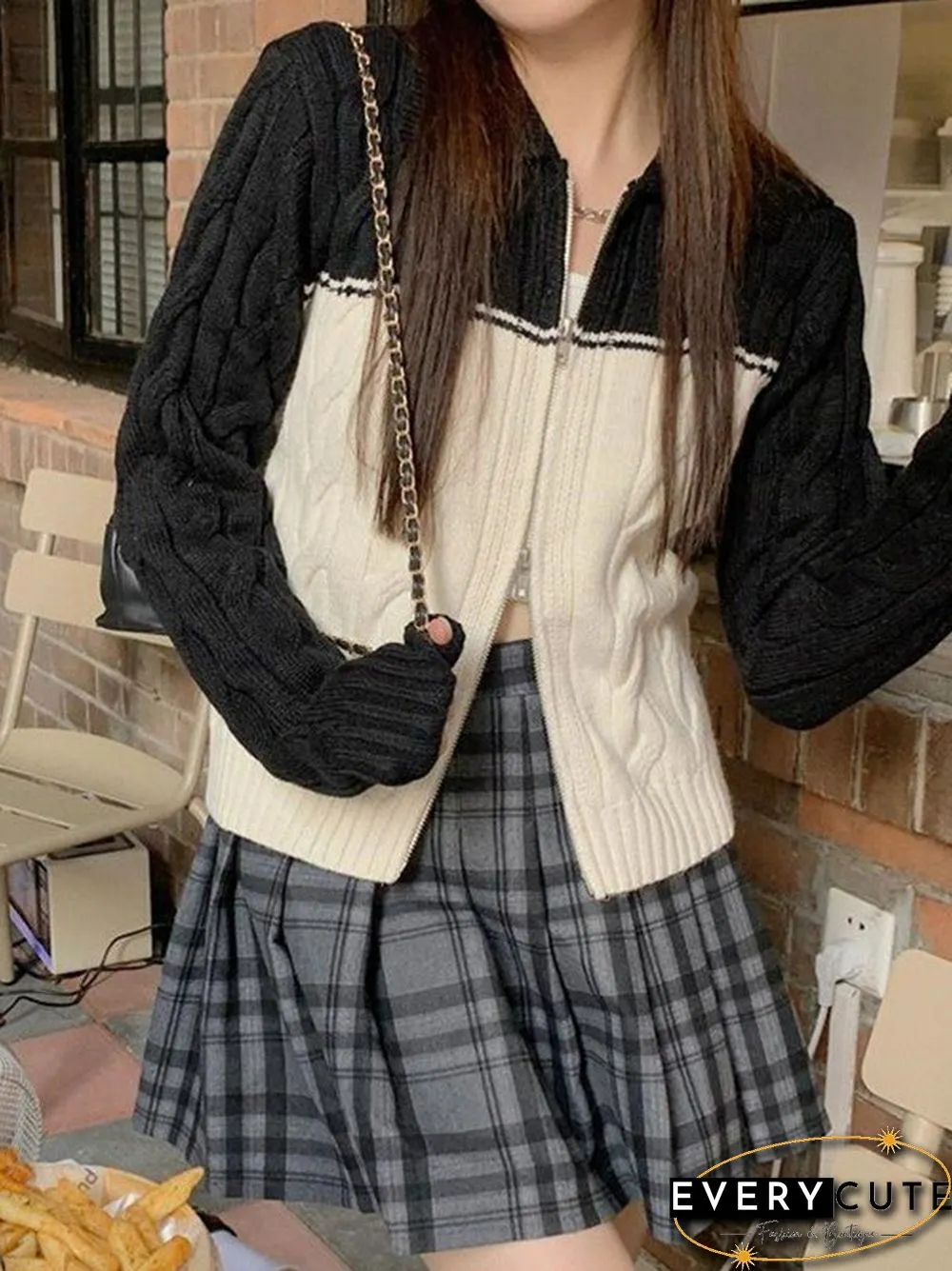 Color Block Cable Knit Zip Up Cardigan