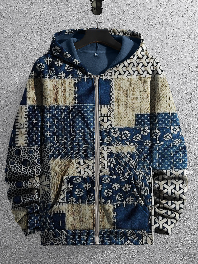 Men's Japanese Embroidered Fiber Art Patchwork Full Zip Hoodie  artssus