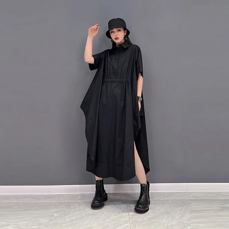 Casaul Turn-down Collar Solid Color Short Sleeve Irregular Hem Dress