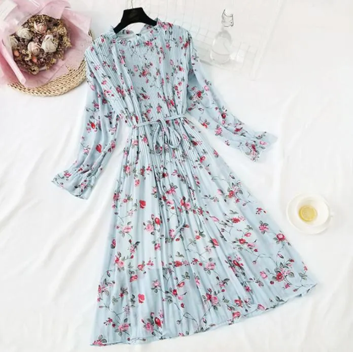 Polka Dot Print Women Chiffon Pleated Dress Sweet Flare Sleeve Party Dresses Casual Loose Lady Office Midi Dress Vestidos Mujer