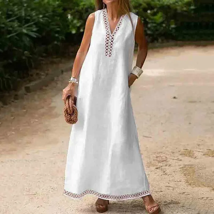 Solid V Neck Lace Cutout Resort Maxi Dress
