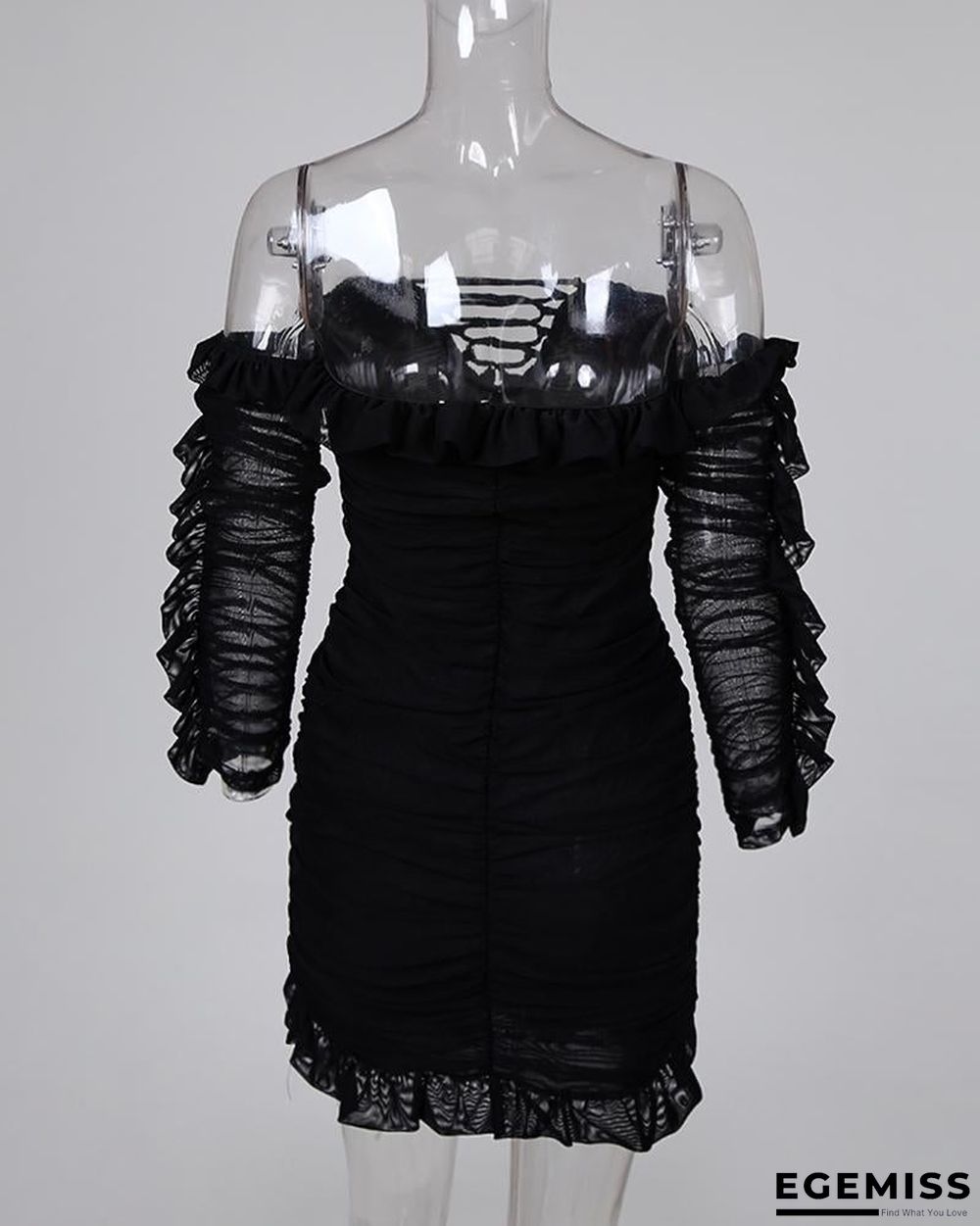 Solid Lace-Up Off Shoulder Ruffles Ruched Dress Black Dresses | EGEMISS