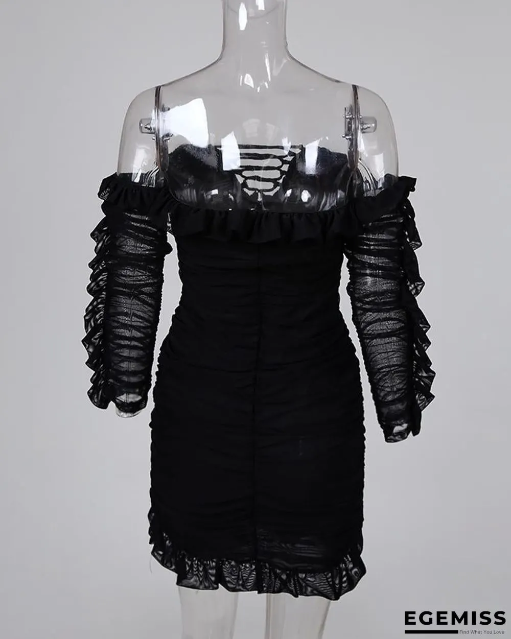 Solid Lace-Up Off Shoulder Ruffles Ruched Dress Black Dresses | EGEMISS