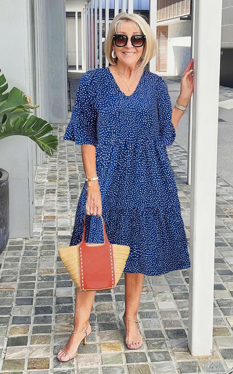 V-neck Bell Sleeve Printed Tunic Dress