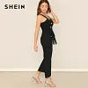 SHEIN Black Waist Belted Double Breasted Pinafore Jumpsuit Women Elegant 2019 Summer Plain Straps Sleeveless Party Jumpsuit