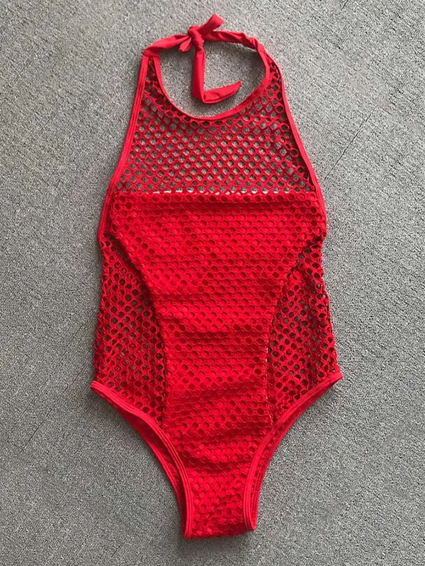 Gauze Hollow Split-Joint Halterneck One-Piece Swimwear 