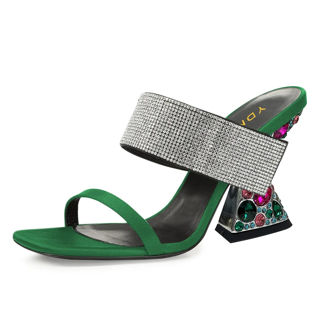 Satin Rhinestone Embellished Decorative Heel Green Mules for Women