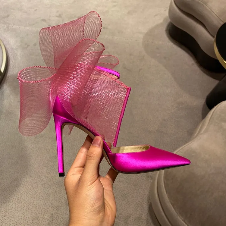 Elegant Single Summer Shoes 2022 Women Elegant Silk Buckle Strap Bowknot Mesh Sandals Pointed Toe Stiletto Heel Marry Jane Shoes